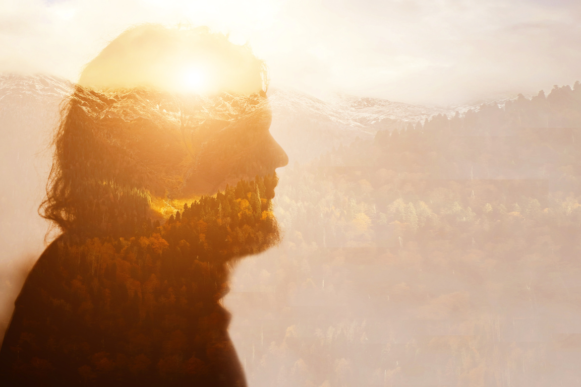 Bearded man climbing in hipster style on mountain background. Vacation, summer. Adventure travel. Summer tourism. Mindset reset. Double exposure.